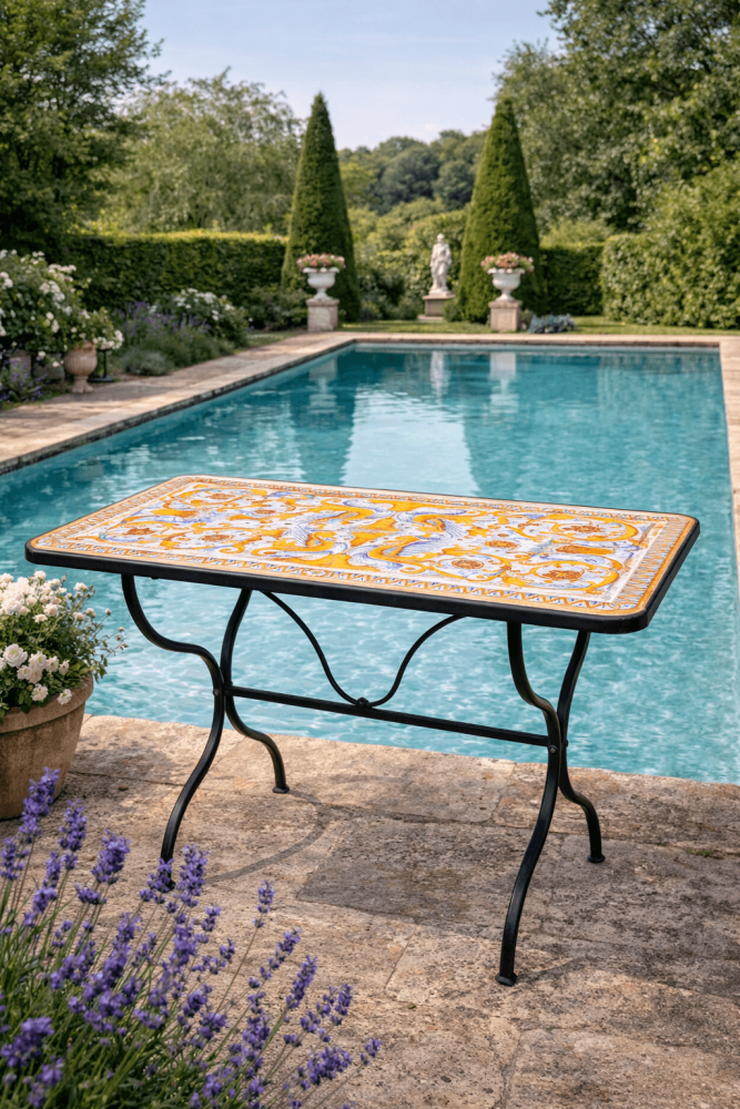 Table rectangulaire en majolique peinte à la main de Deruta – décor Raffael, chef-d’œuvre de l’art céramique italien